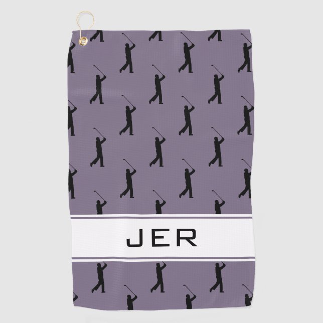 Customized Initials Golfer Pattern Purple Black Golf Towel (Front)