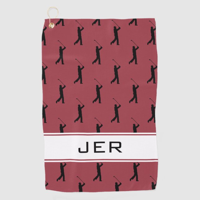 Customized Initials Golfer Pattern Red Black Golf Towel (Front)