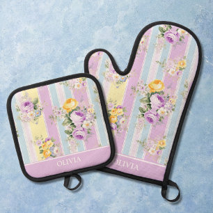 Customized Lavender Floral Striped Oven Mitt & Pot Holder Set