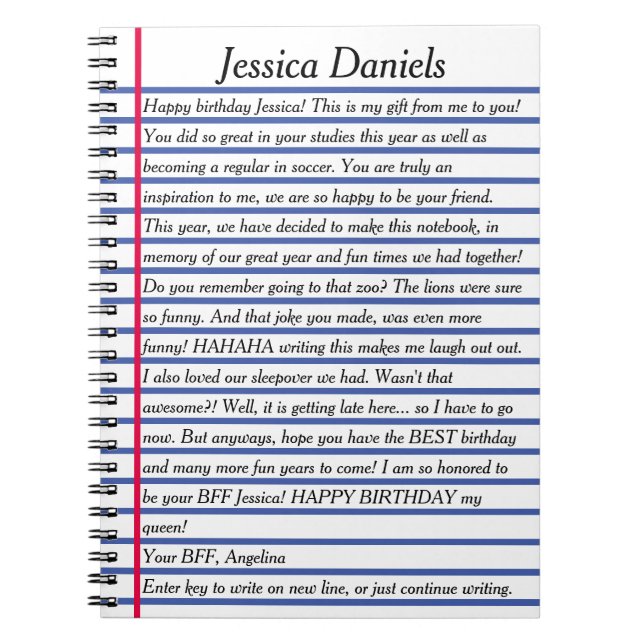CUSTOMIZED LETTER MESSAGE lined paper italics text Notebook (Front)