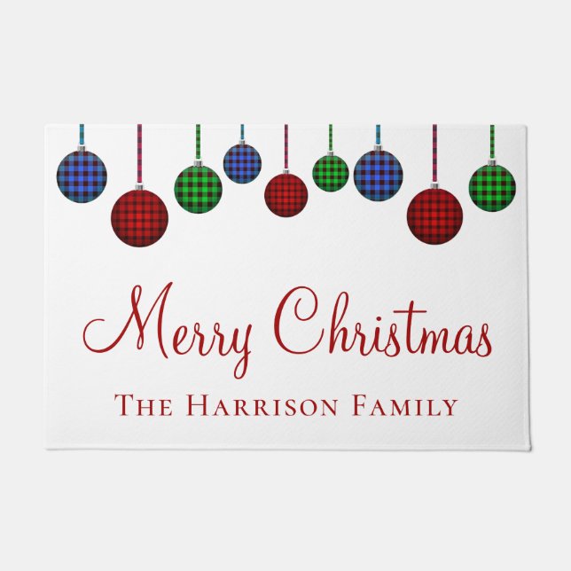 Customized Merry Christmas Buffalo Plaid Ornament Doormat (Front)