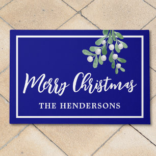 Customized Merry Christmas Holiday Blue Doormat