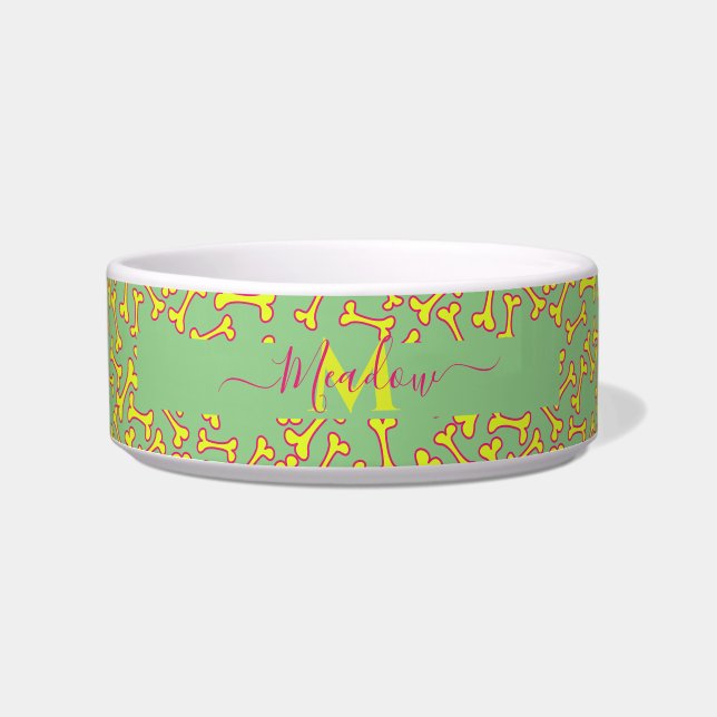 Customized Monogram Dog Bone Cartoon Green Bowl (Front)
