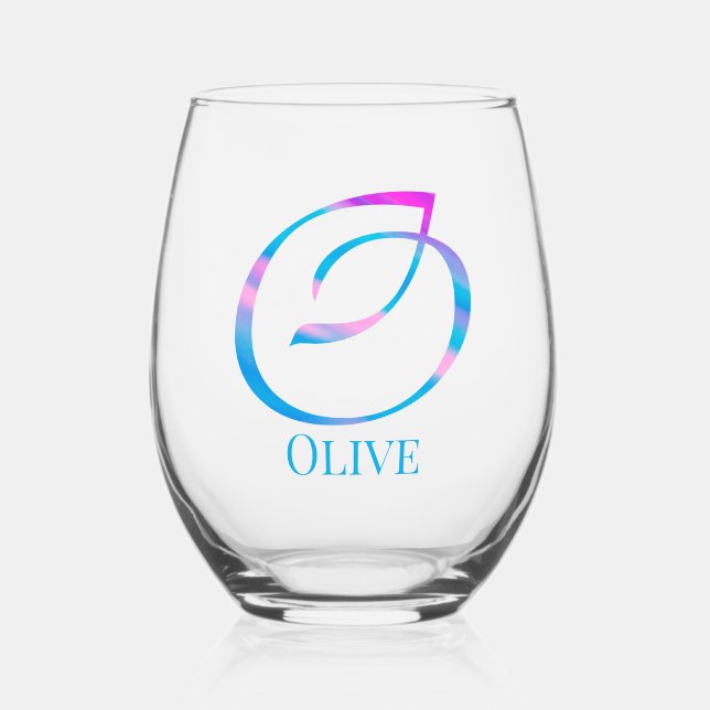 Customized Monogram "O" Name Abstract Spring Blue Stemless Wine Glass (Front)