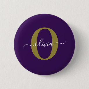 Customized Monogram Script Name Purple White Gold 2 Inch Round Button