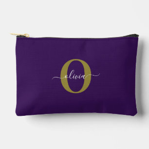 Customized Monogram Script Name Purple White Gold Accessory Pouch