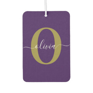 Customized Monogram Script Name Purple White Gold Air Freshener