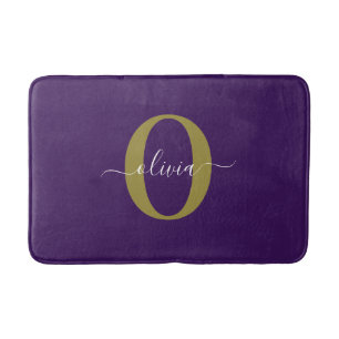 Customized Monogram Script Name Purple White Gold Bath Mat