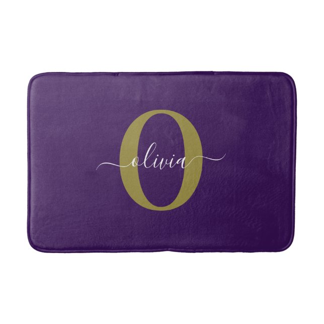 Customized Monogram Script Name Purple White Gold Bath Mat (Front)