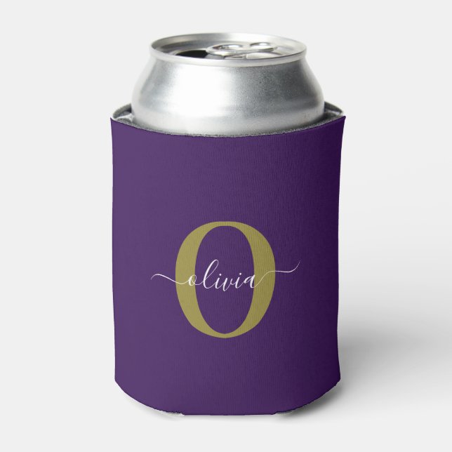 Customized Monogram Script Name Purple White Gold Can Cooler (Can Front)
