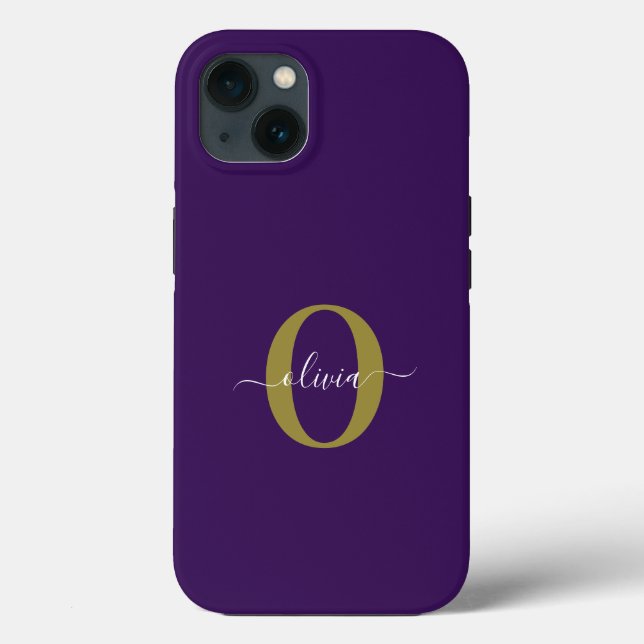 Customized Monogram Script Name Purple White Gold Case-Mate iPhone Case (Back)
