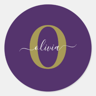 Customized Monogram Script Name Purple White Gold Classic Round Sticker
