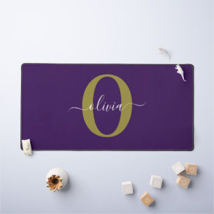 Customized Monogram Script Name Purple White Gold Desk Mat