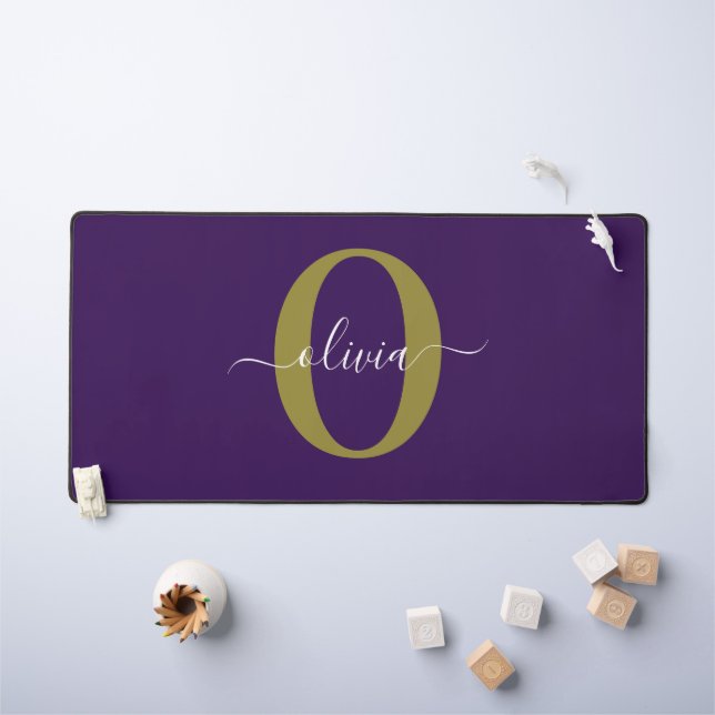 Customized Monogram Script Name Purple White Gold Desk Mat (Kids Table)