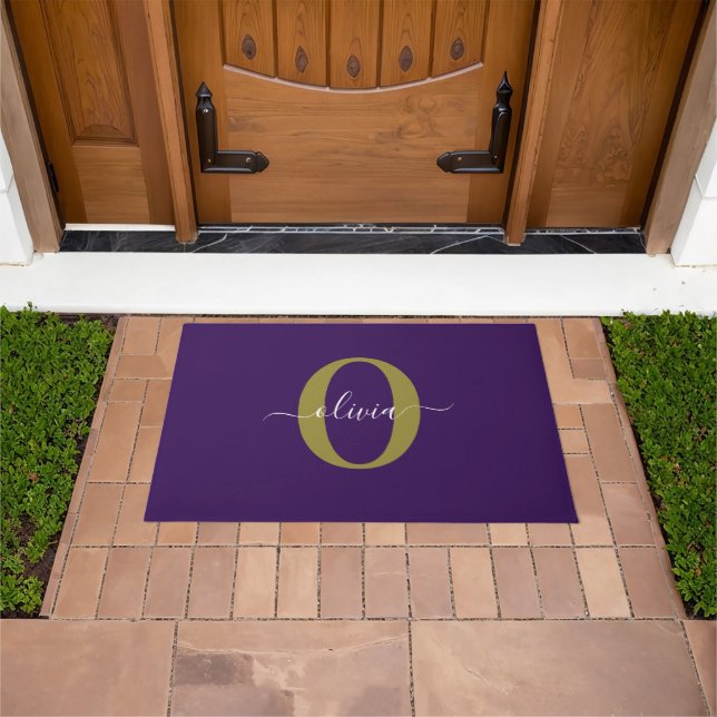 Customized Monogram Script Name Purple White Gold Doormat (Outdoor)