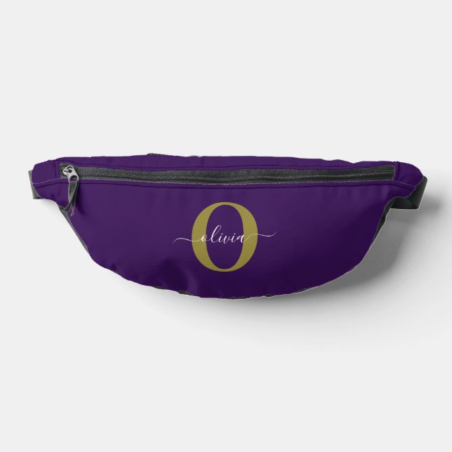 Customized Monogram Script Name Purple White Gold Fanny Pack (Lay Down)