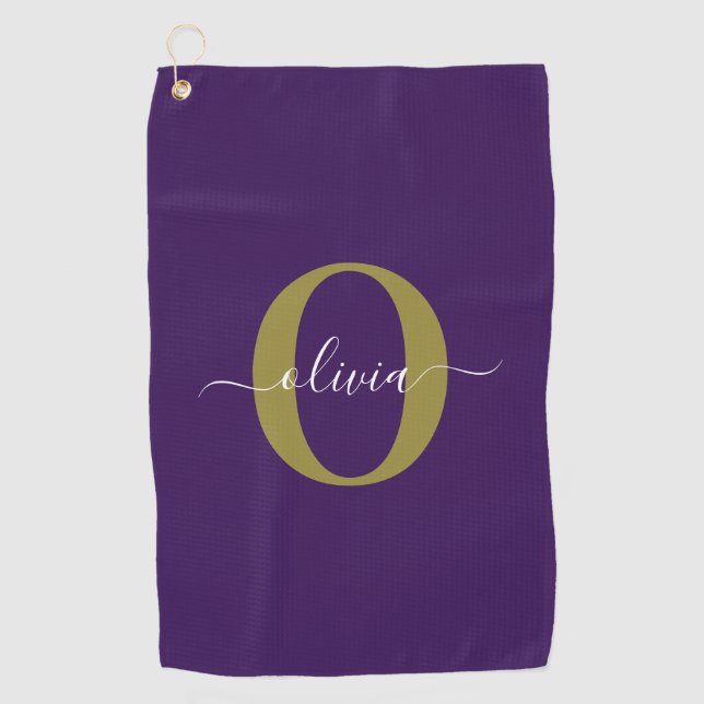 Customized Monogram Script Name Purple White Gold Golf Towel (Front)