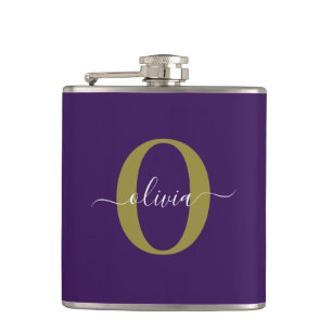 Customized Monogram Script Name Purple White Gold Hip Flask