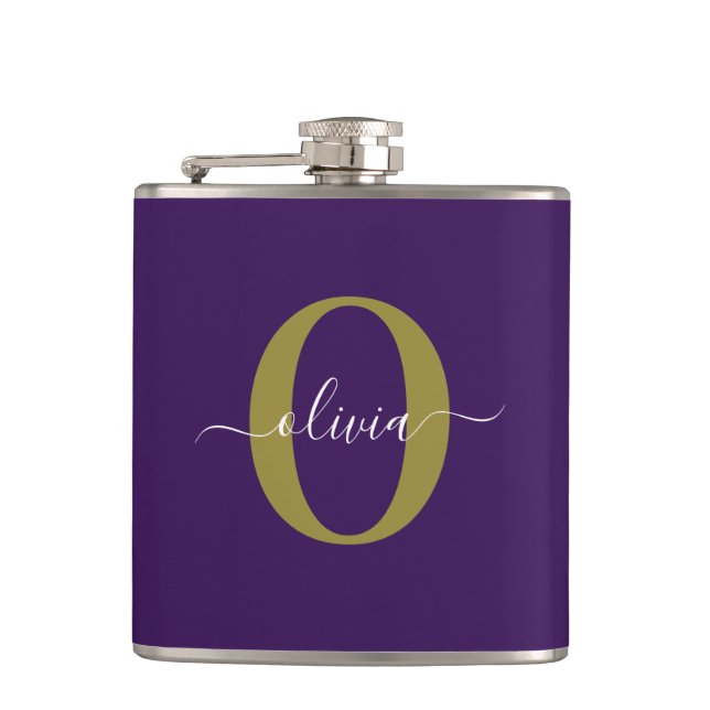 Customized Monogram Script Name Purple White Gold Hip Flask (Front)