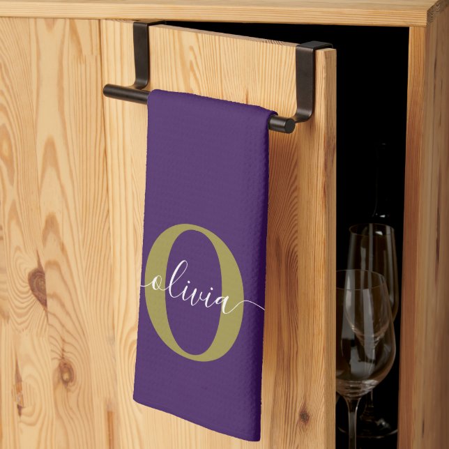 Customized Monogram Script Name Purple White Gold Kitchen Towel (Thirds Fold)
