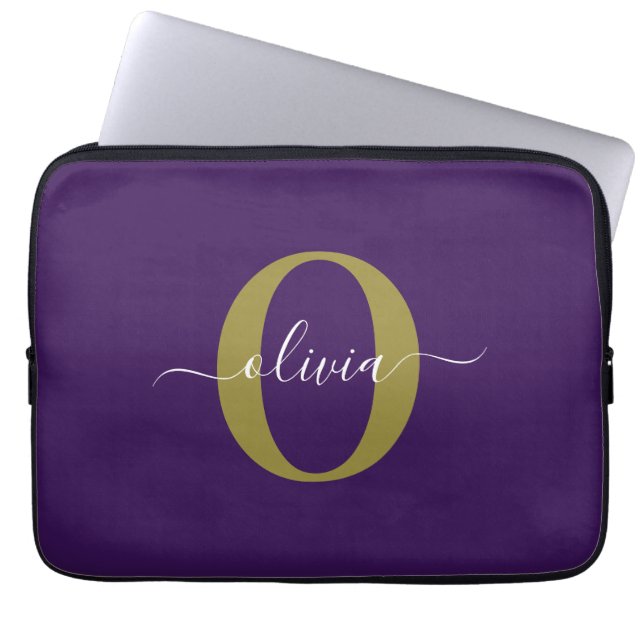 Customized Monogram Script Name Purple White Gold Laptop Sleeve (Front)