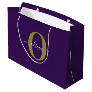 Customized Monogram Script Name Purple White Gold Large Gift Bag