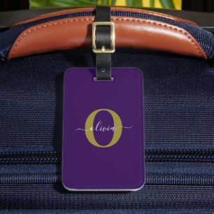 Customized Monogram Script Name Purple White Gold Luggage Tag