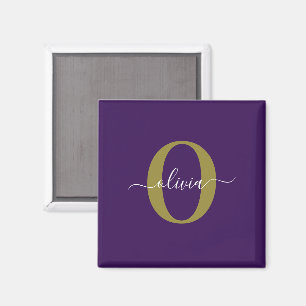 Customized Monogram Script Name Purple White Gold Magnet