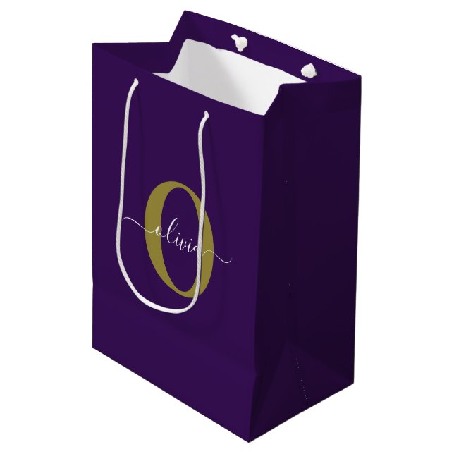 Customized Monogram Script Name Purple White Gold Medium Gift Bag (Front Angled)