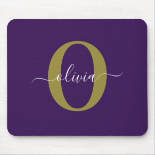 Customized Monogram Script Name Purple White Gold Mouse Pad