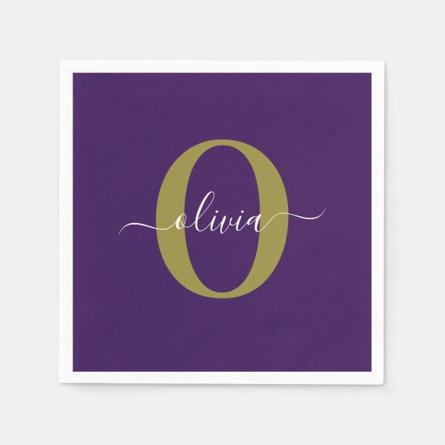 Customized Monogram Script Name Purple White Gold Napkin (Front)