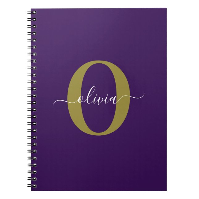 Customized Monogram Script Name Purple White Gold Notebook (Front)