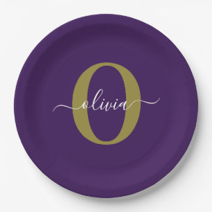 Customized Monogram Script Name Purple White Gold Paper Plate