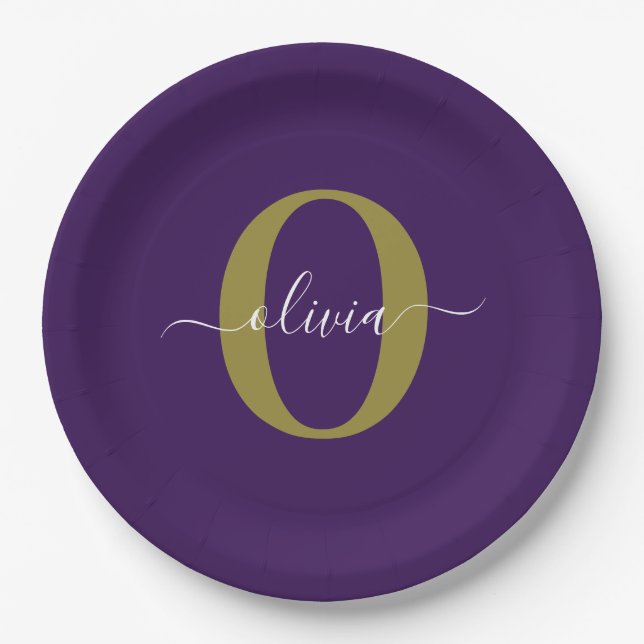 Customized Monogram Script Name Purple White Gold Paper Plate (Front)