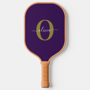 Customized Monogram Script Name Purple White Gold Pickleball Paddle