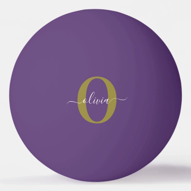 Customized Monogram Script Name Purple White Gold Ping Pong Ball (Front)