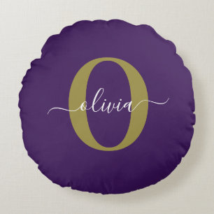 Customized Monogram Script Name Purple White Gold Round Pillow