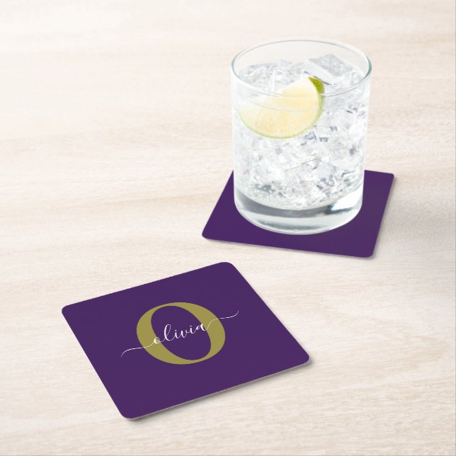 Customized Monogram Script Name Purple White Gold Square Paper Coaster (Insitu)