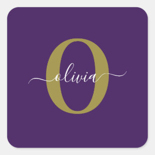 Customized Monogram Script Name Purple White Gold Square Sticker