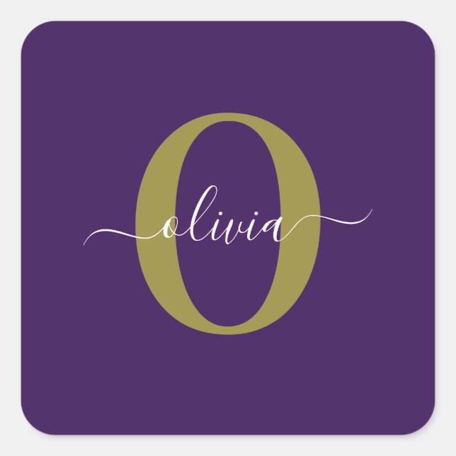 Customized Monogram Script Name Purple White Gold Square Sticker (Front)