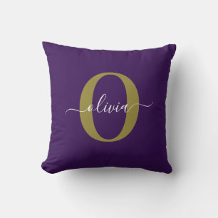 Customized Monogram Script Name Purple White Gold Throw Pillow