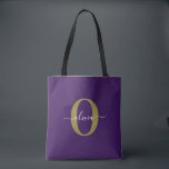Customized Monogram Script Name Purple White Gold Tote Bag<br><div class="desc">This elegant monogram and stylish script name design can be given as a gift for a birthday, wedding, bridal shower, anniversary, Mother's Day or any occasion. It can be personalized with the person's initial and name. You can change the font, font colour, font size and background colour using the Design...</div>