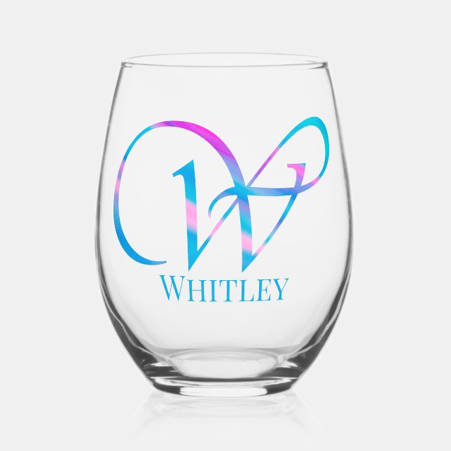 Customized Monogram "W" Name Abstract Spring Blue Stemless Wine Glass (Front)