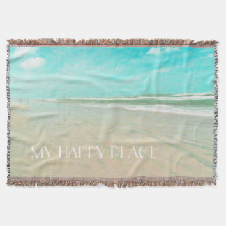 Customized My Happy Place Beach Seascape Throw Blanket