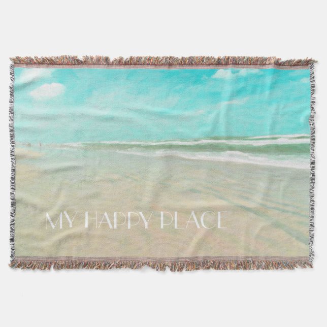 Customized My Happy Place Beach Seascape Throw Blanket (Front)