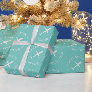 Customized Name Airplane Kids Happy Birthday Teal Wrapping Paper