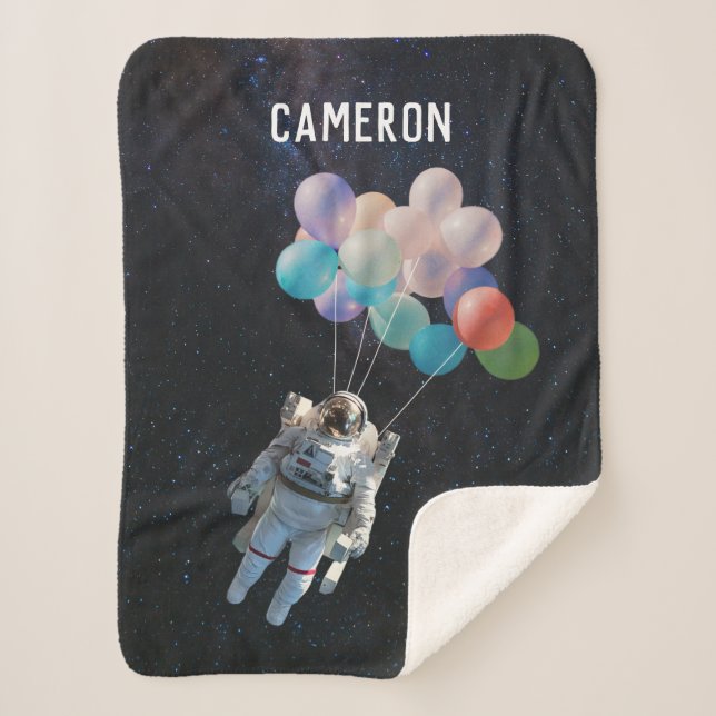 Customized Name Astronaut Stars & Space Balloons Sherpa Blanket (Front)
