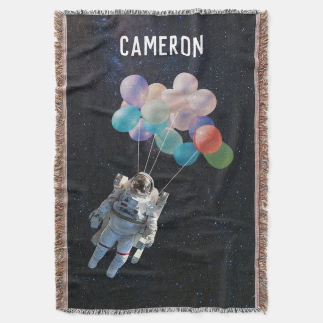 Customized Name Astronaut Stars & Space Balloons Throw Blanket (Front Vertical)