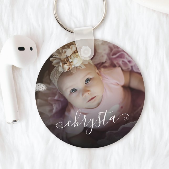 Customized Name Baby Photo Pretty Chic Script Keychain (Creator Uploaded)