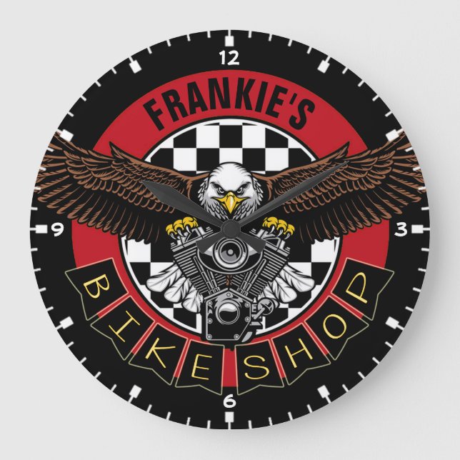 Customized NAME Biker Motorcycle Bike Shop Garage Large Clock (Front)